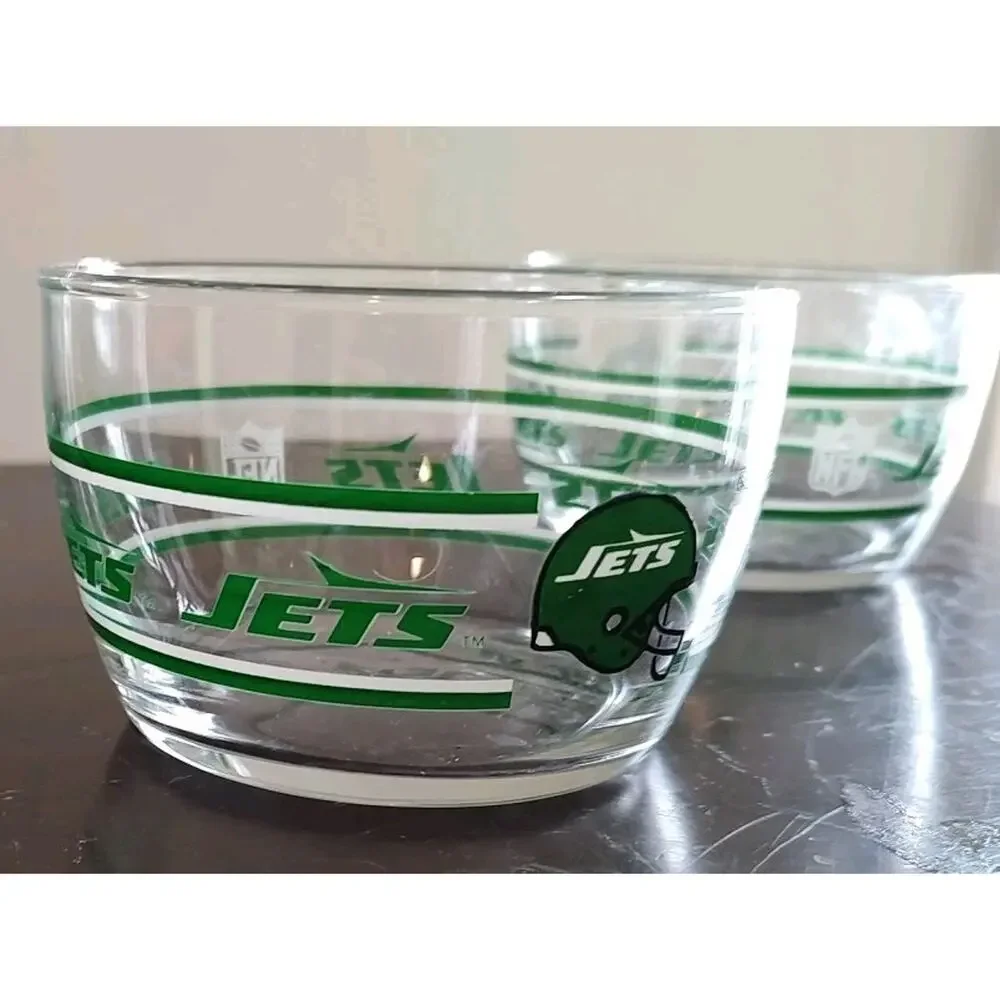 Pair of 2 Vintage New York Jets Glass Snack Bowl Libbey NFL Football